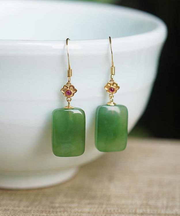 Vintage Green Sterling Silver Square Jade Drop Earrings