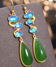 Vintage Green Sterling Silver Water Drop Hetian Jade Drop Earrings