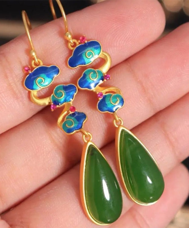 Vintage Green Sterling Silver Water Drop Hetian Jade Drop Earrings