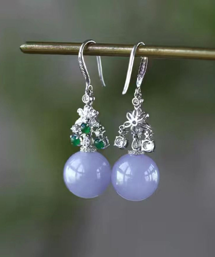 Vintage Green Sterling Silver Zircon Jade Ball Drop Earrings