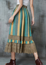 Vintage Green Striped Patchwork Linen Skirt Spring