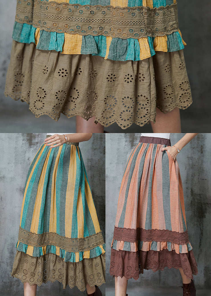 Vintage Green Striped Patchwork Linen Skirt Spring