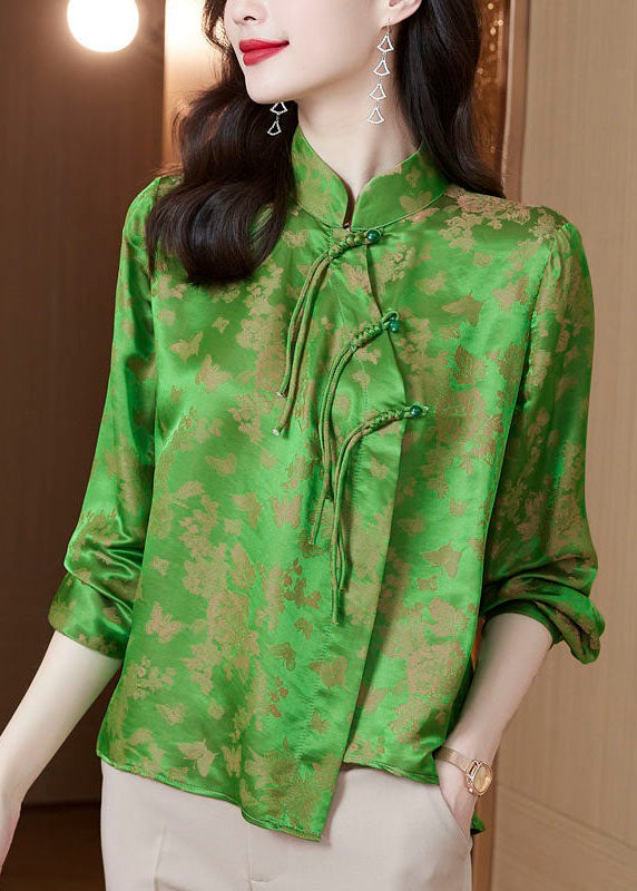 Vintage Green Tasseled Chinese Button Jacquard Patchwork Silk Shirt Spring