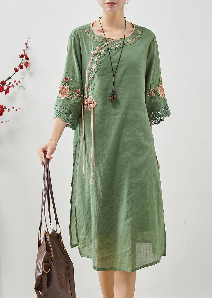 Vintage Green Tasseled Embroidered Linen Dresses Summer