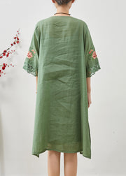 Vintage Green Tasseled Embroidered Linen Dresses Summer