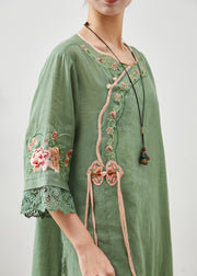 Vintage Green Tasseled Embroidered Linen Dresses Summer