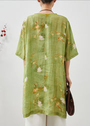 Vintage Green Tasseled Print Linen Oriental Dress Summer