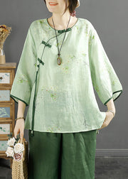 Vintage Green Tasseled Print Linen Shirt Spring