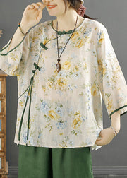 Vintage Green Tasseled Print Linen Shirt Spring