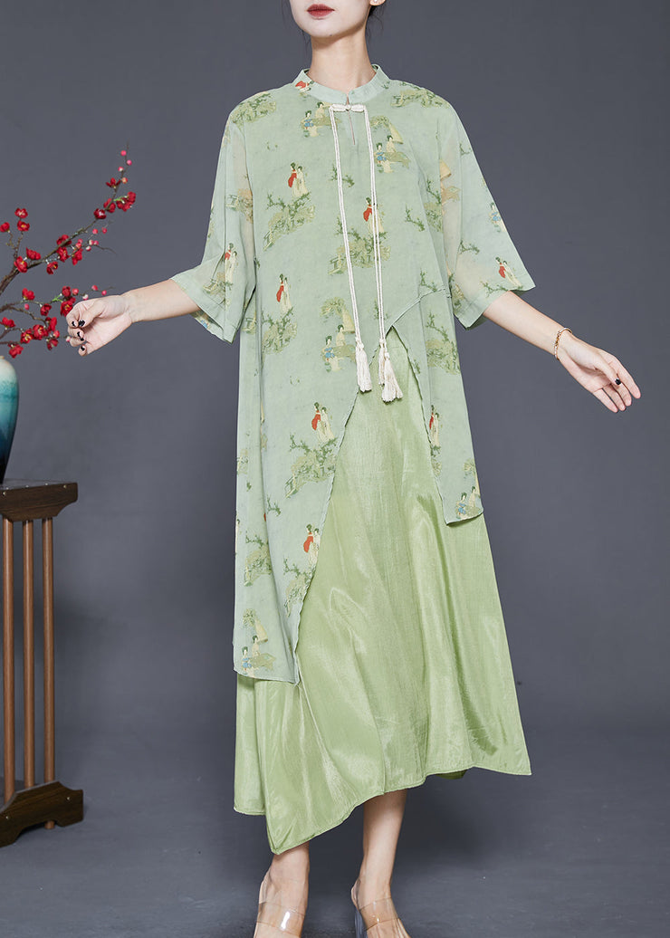 Vintage Green Tasseled Print Silk Long Dresses Summer