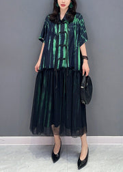 Vintage Green Tasseled Ruffled Tulle Patchwork Cotton Dresses Summer