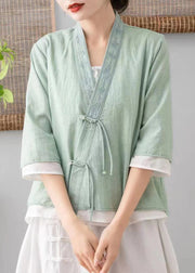 Vintage Green V Neck Embroideried Tasseled Linen Cardigans Spring