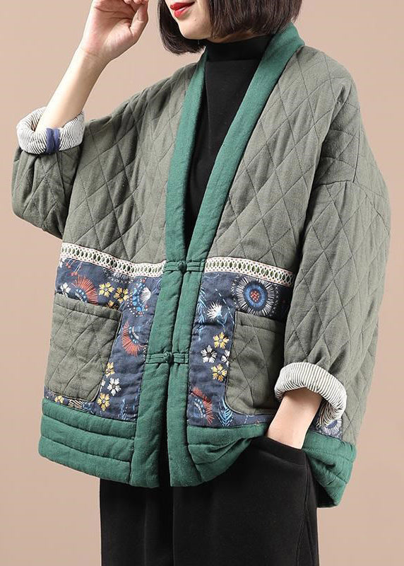 Vintage Green V Neck Pockets Fine Cotton Filled Jacket Winter