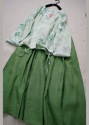 Vintage Green V Neck Print Lace Up Linen Two Pieces Set Summer