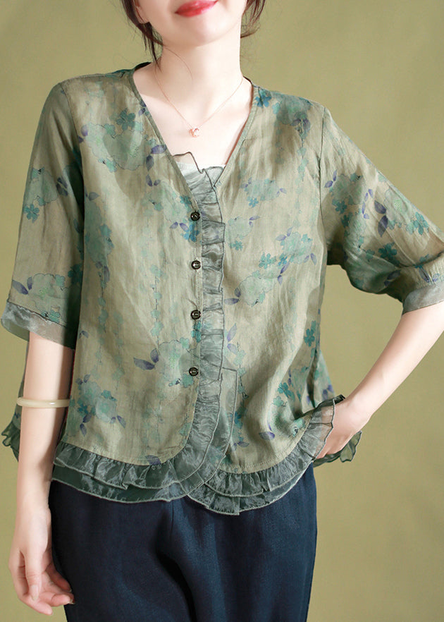 Vintage Green V Neck Print Patchwork Linen Shirts Summer