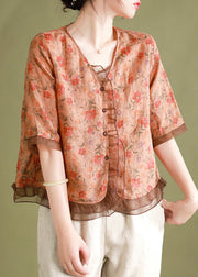 Vintage Green V Neck Print Patchwork Linen Shirts Summer