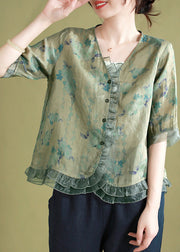 Vintage Green V Neck Print Patchwork Linen Shirts Summer