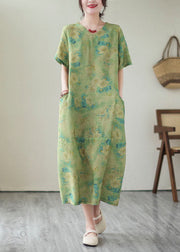 Vintage Green V Neck Print Patchwork Long Cotton Dress Summer