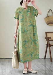 Vintage Green V Neck Print Patchwork Long Cotton Dress Summer