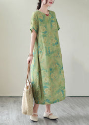 Vintage Green V Neck Print Patchwork Long Cotton Dress Summer