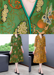 Vintage Green V Neck Print Patchwork Silk Mid Dress Summer