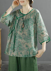 Vintage Green V Neck Tasseled Print Patchwork Linen Tops Summer