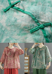 Vintage Green V Neck Tasseled Print Patchwork Linen Tops Summer