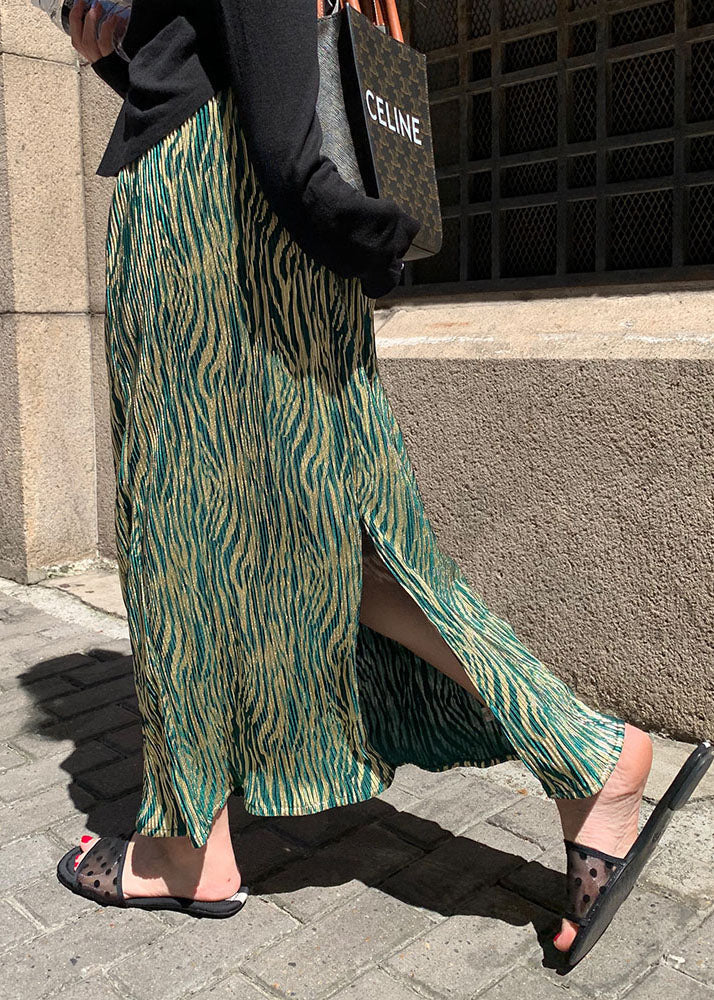 Vintage Green Wrinkled Striped Silk Skirt Summer