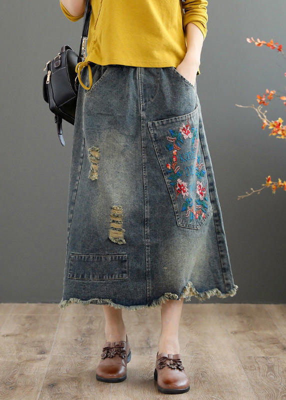 Vintage Grey Asymmetrical Embroideried Patchwork High Waist Denim Maxi Skirts Summer