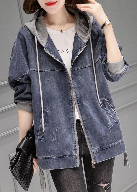 Vintage Grey Blue Patchwork Drawstring Hooded Denim Coat Fall