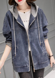 Vintage Grey Blue Patchwork Drawstring Hooded Denim Coat Fall