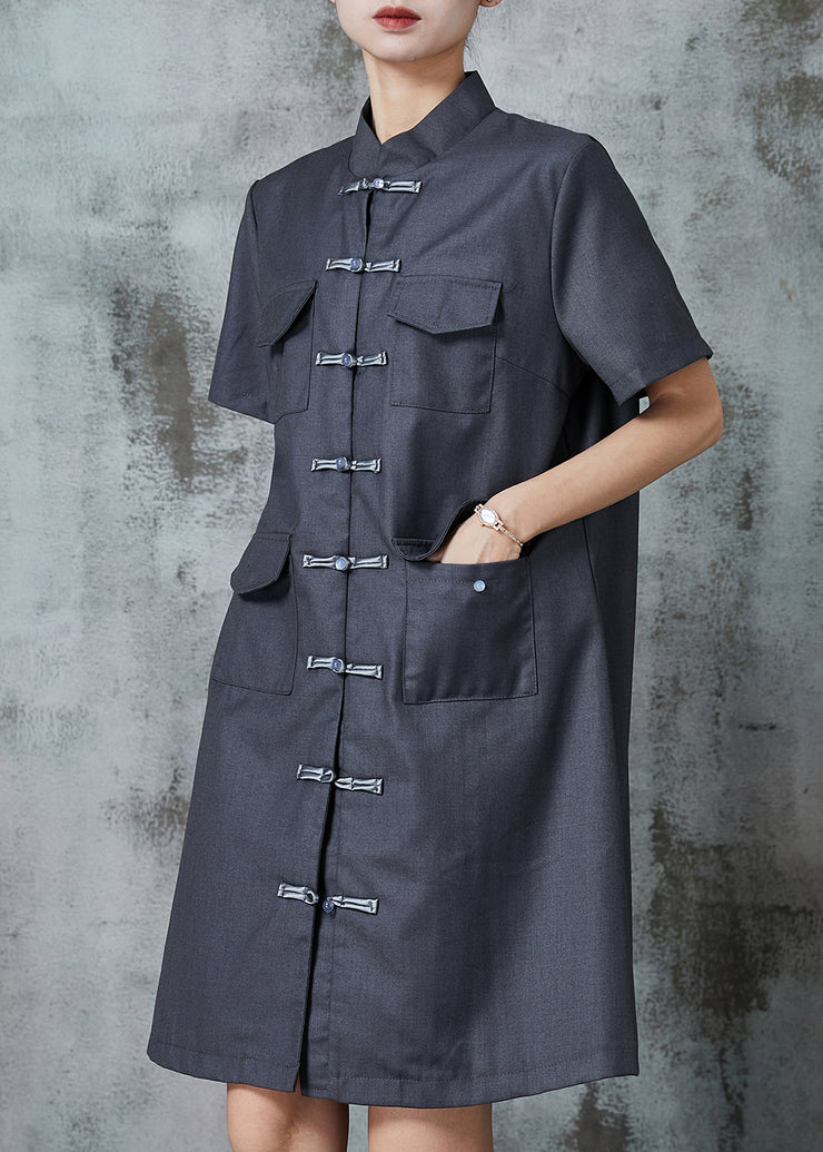 Vintage Grey Chinese Button Pockets Linen Dress Summer