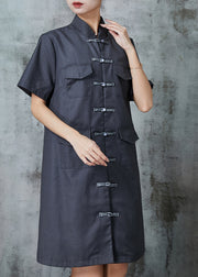 Vintage Grey Chinese Button Pockets Linen Dress Summer