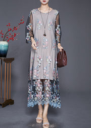 Vintage Grey Embroideried Hollow Out Tulle Maxi Dresses Fall