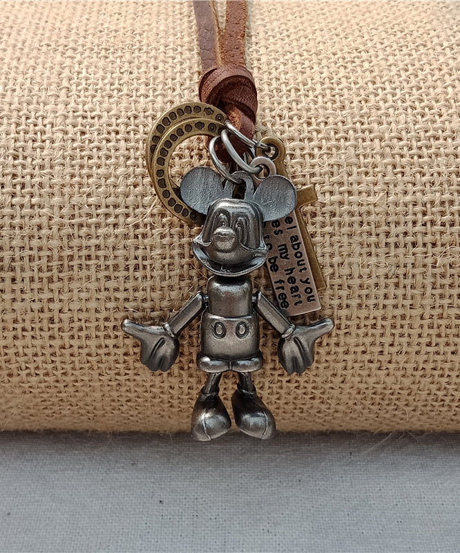 Vintage Grey Faux Leather Robot Pendant Necklace