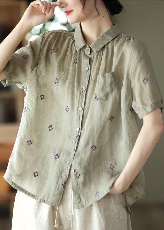 Vintage Grey Green Embroidered Linen Shirt Top Short Sleeve