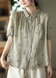 Vintage Grey Green Embroidered Linen Shirt Top Short Sleeve