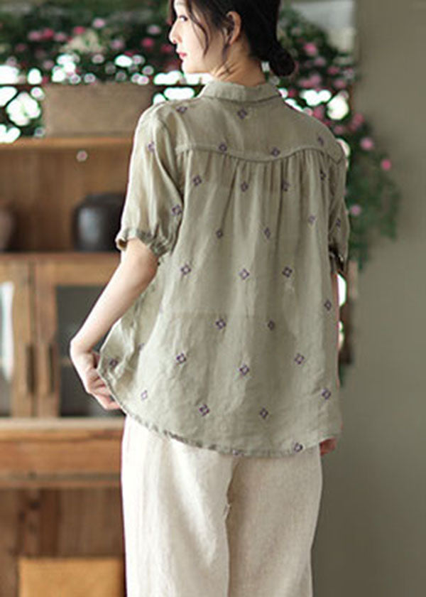 Vintage Grey Green Embroidered Linen Shirt Top Short Sleeve