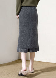 Vintage Grey High Waist Patchwork Side Open Woolen Wraped Skirts Winter