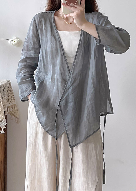 Vintage Grey Oversized Lace Up Linen Shirts Fall