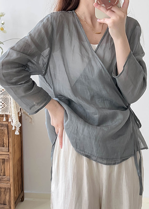 Vintage Grey Oversized Lace Up Linen Shirts Fall