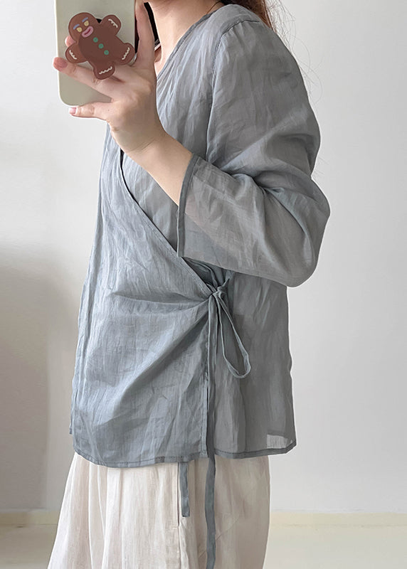 Vintage Grey Oversized Lace Up Linen Shirts Fall