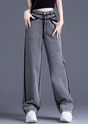 Vintage Grey Pockets High Waist Warm Fleece Pants Spring