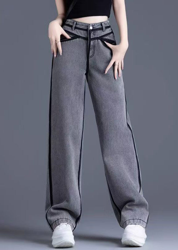 Vintage Grey Pockets High Waist Warm Fleece Pants Spring