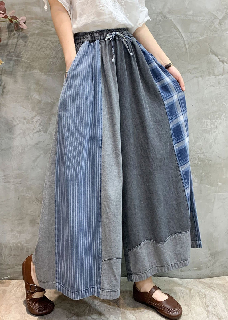 Vintage Grey Pockets Patchwork Denim Wide Leg Pants Fall