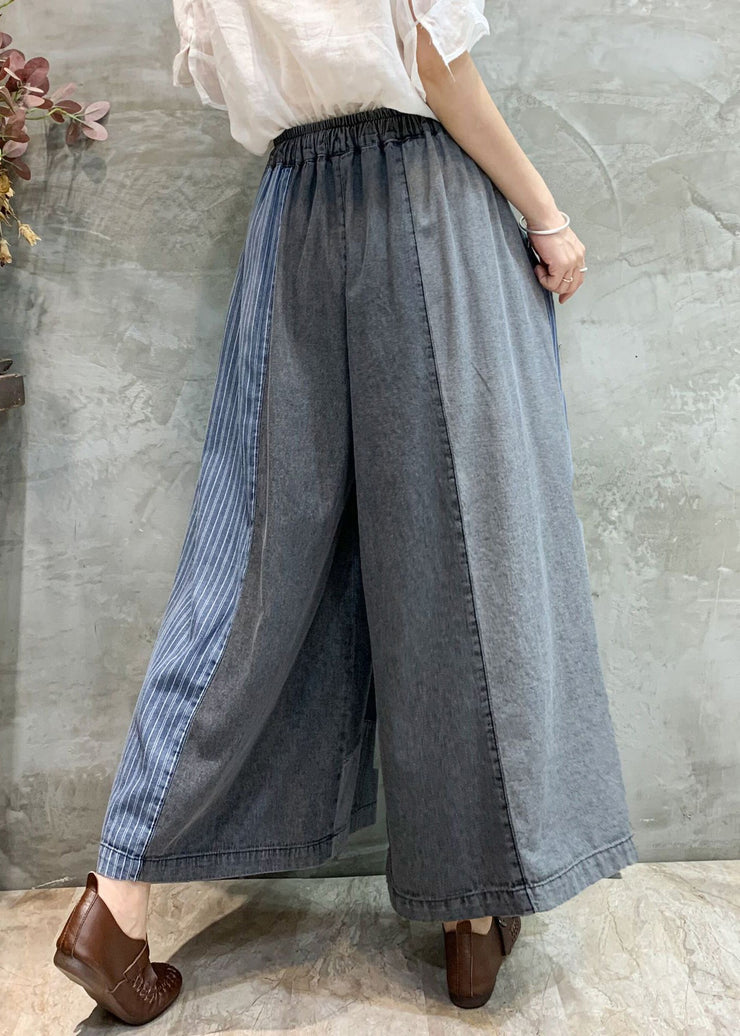 Vintage Grey Pockets Patchwork Denim Wide Leg Pants Fall