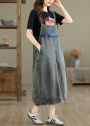 Vintage Grey Pockets Patchwork Drawstring Denim Maxi Dresses Summer