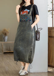 Vintage Grey Pockets Patchwork Drawstring Denim Maxi Dresses Summer