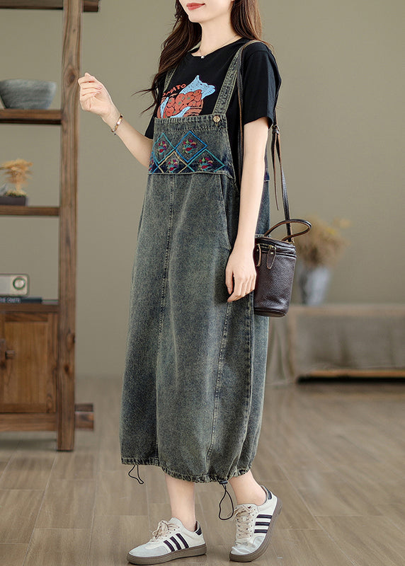 Vintage Grey Pockets Patchwork Drawstring Denim Maxi Dresses Summer