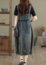 Vintage Grey Pockets Patchwork Drawstring Denim Maxi Dresses Summer